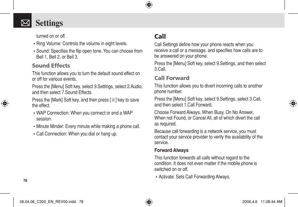 Settings, Call | Pantech C300 User Manual | Page 79 / 97