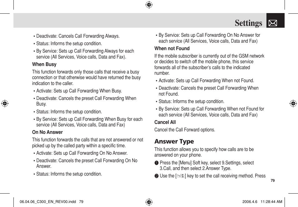 Settings, Answer type | Pantech C300 User Manual | Page 80 / 97