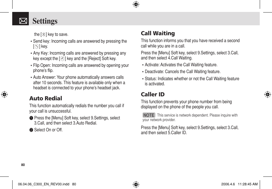 Settings, Auto redial, Call waiting | Caller id | Pantech C300 User Manual | Page 81 / 97