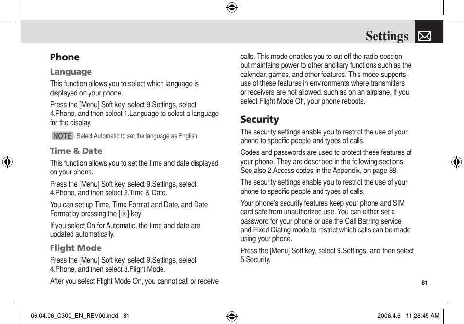 Settings, Phone, Security | Pantech C300 User Manual | Page 82 / 97