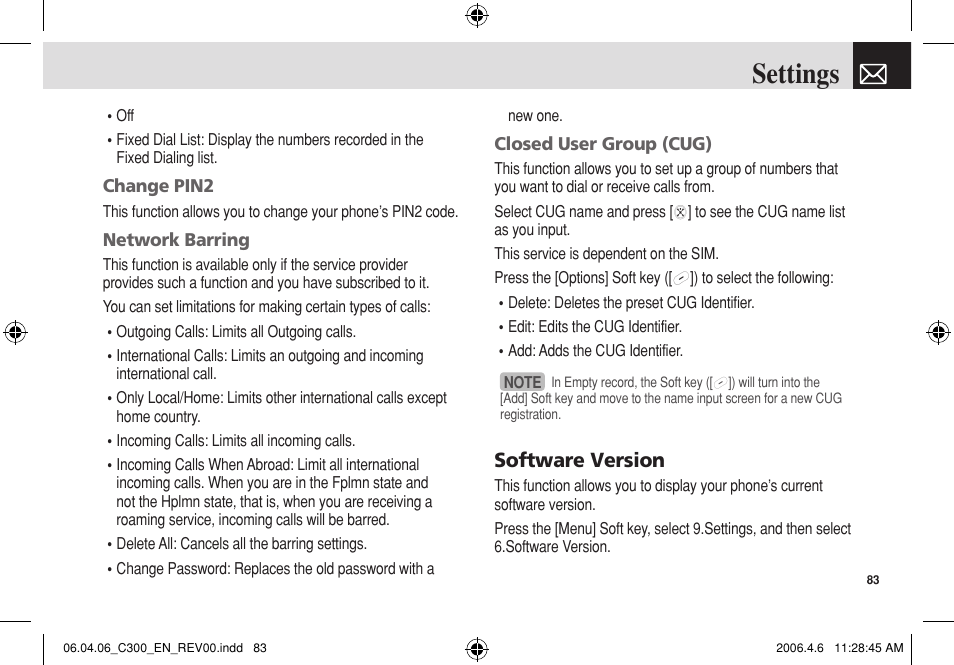 Settings, Software version | Pantech C300 User Manual | Page 84 / 97