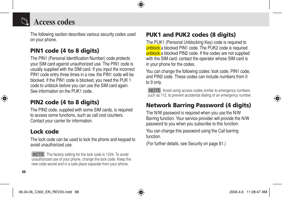 Access codes, Pin1 code (4 to 8 digits), Pin2 code (4 to 8 digits) | Lock code, Puk1 and puk2 codes (8 digits), Network barring password (4 digits) | Pantech C300 User Manual | Page 89 / 97