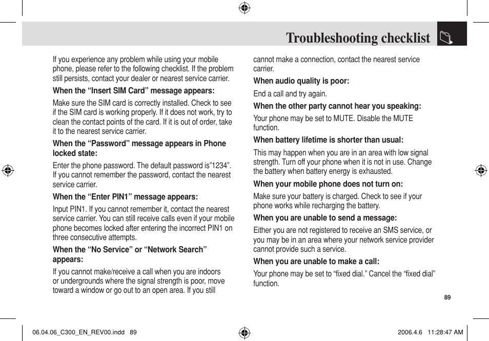 Troubleshooting checklist | Pantech C300 User Manual | Page 90 / 97