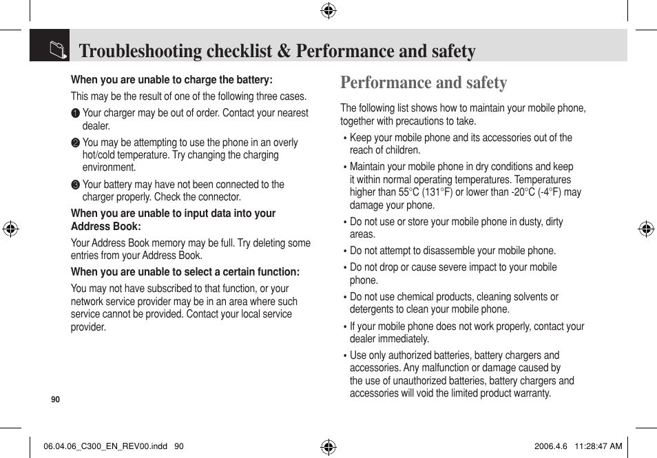 Troubleshooting checklist & performance and safety, Performance and safety | Pantech C300 User Manual | Page 91 / 97