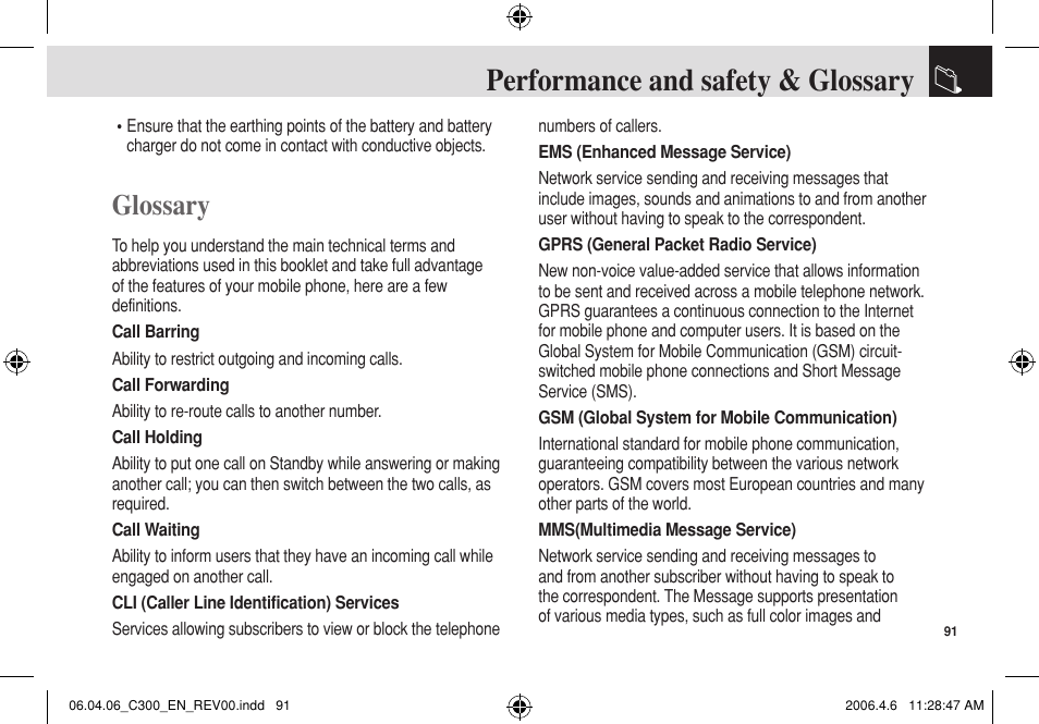 Performance and safety & glossary, Glossary | Pantech C300 User Manual | Page 92 / 97