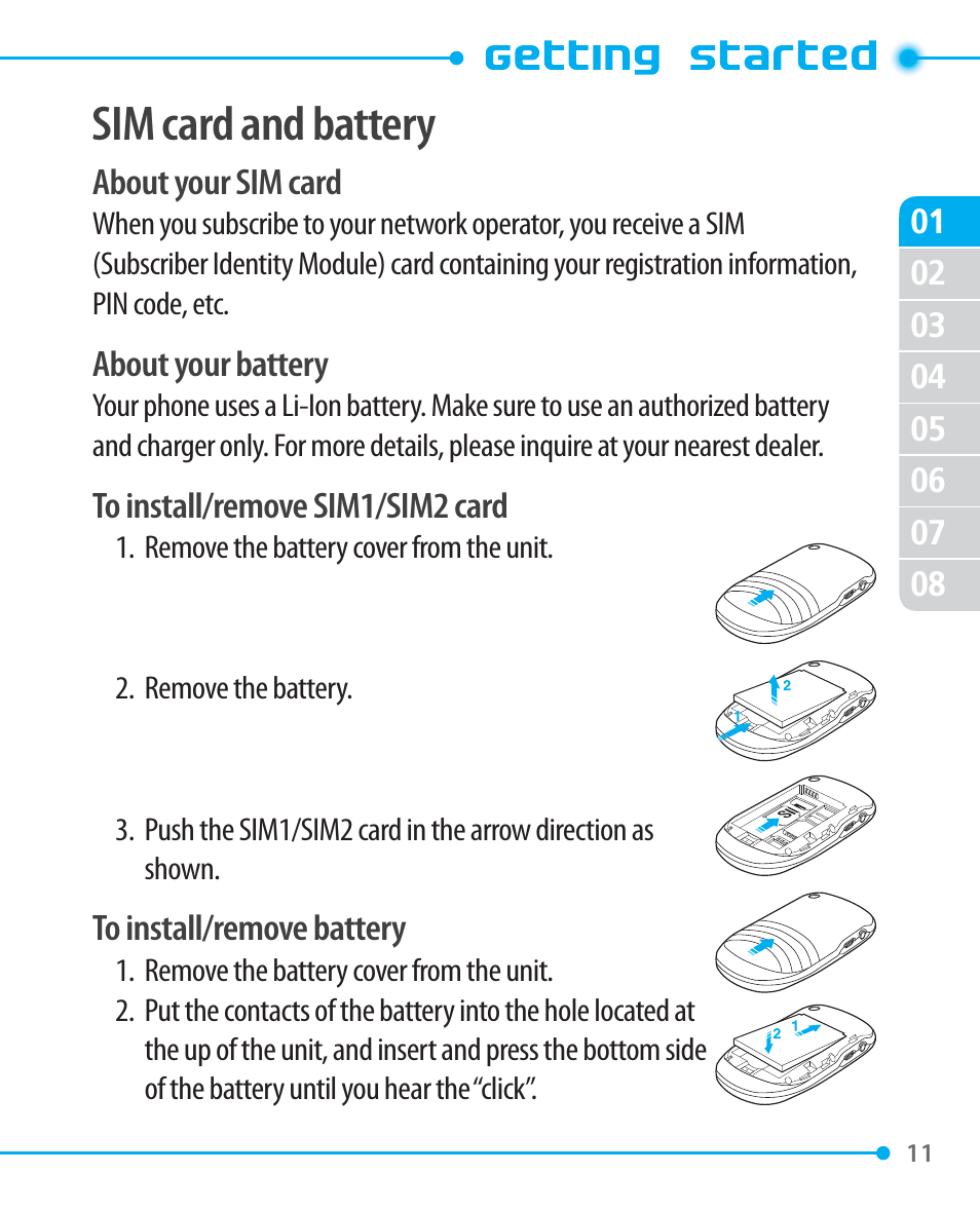 Sim card and battery | Pantech P1000 User Manual | Page 12 / 97