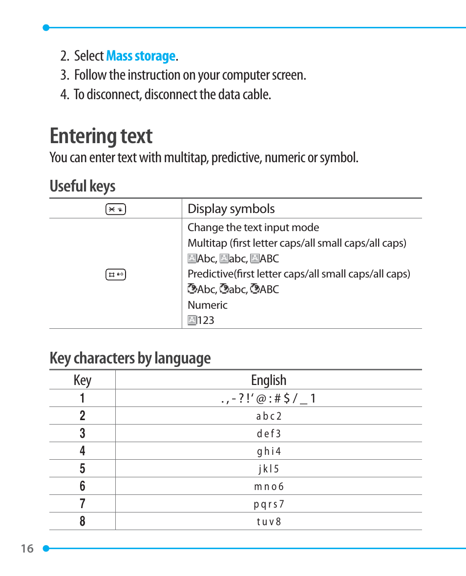 Entering text, Useful keys, Key characters by language | Pantech P1000 User Manual | Page 17 / 97