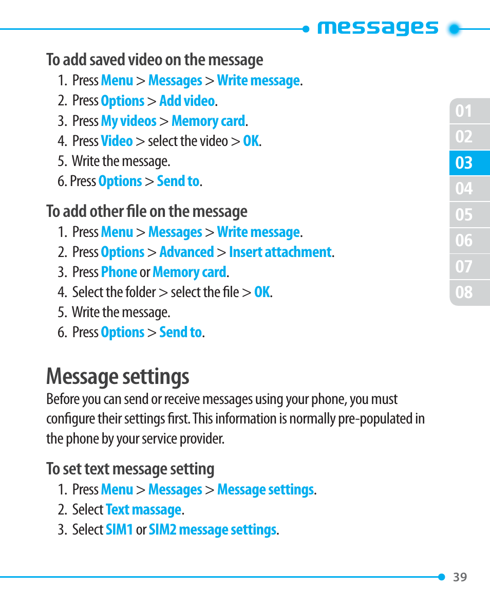 Message settings | Pantech P1000 User Manual | Page 40 / 97