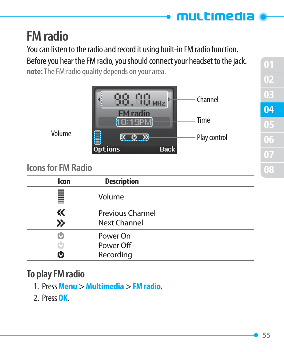 Fm radio, Icons for fm radio | Pantech P1000 User Manual | Page 56 / 97