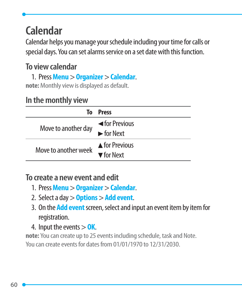 Calendar | Pantech P1000 User Manual | Page 61 / 97