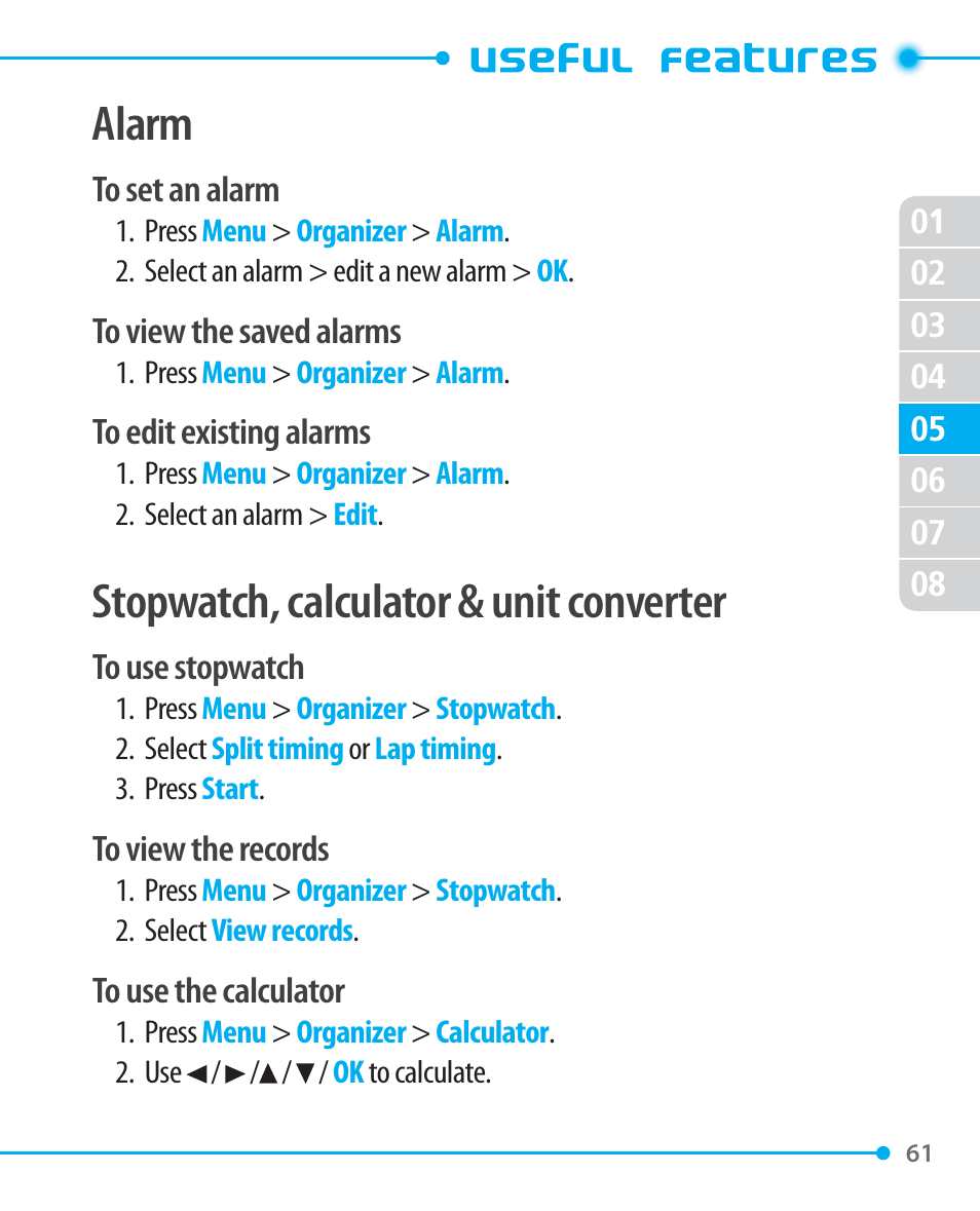 Alarm, Stopwatch, calculator & unit converter | Pantech P1000 User Manual | Page 62 / 97