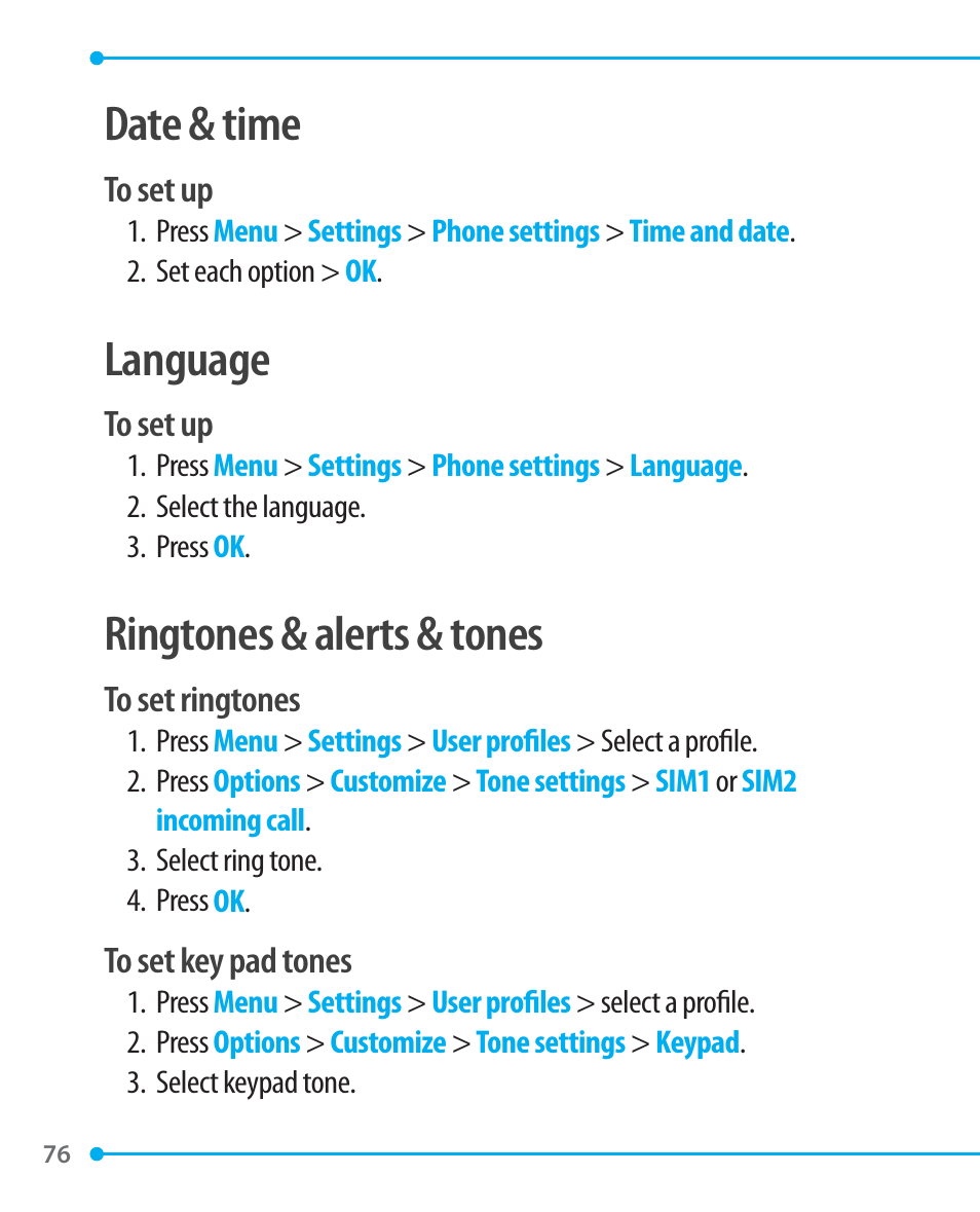 Date & time, Language, Ringtones & alerts & tones | Pantech P1000 User Manual | Page 77 / 97