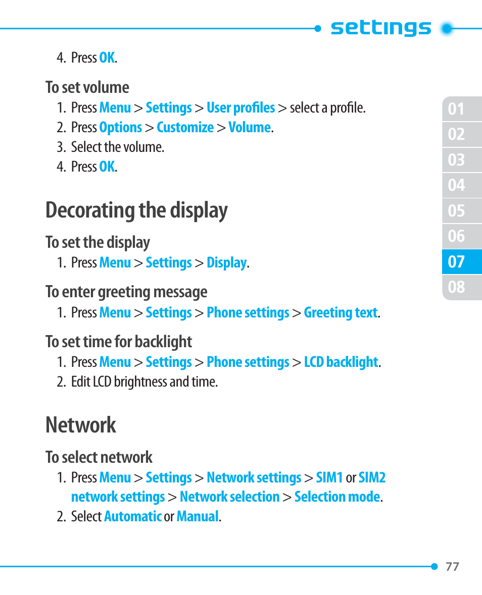 Decorating the display, Network | Pantech P1000 User Manual | Page 78 / 97