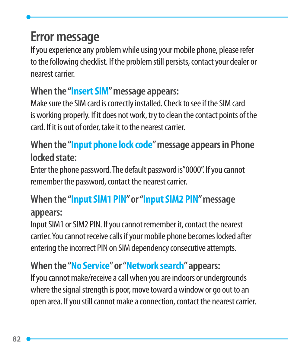 Error message | Pantech P1000 User Manual | Page 83 / 97