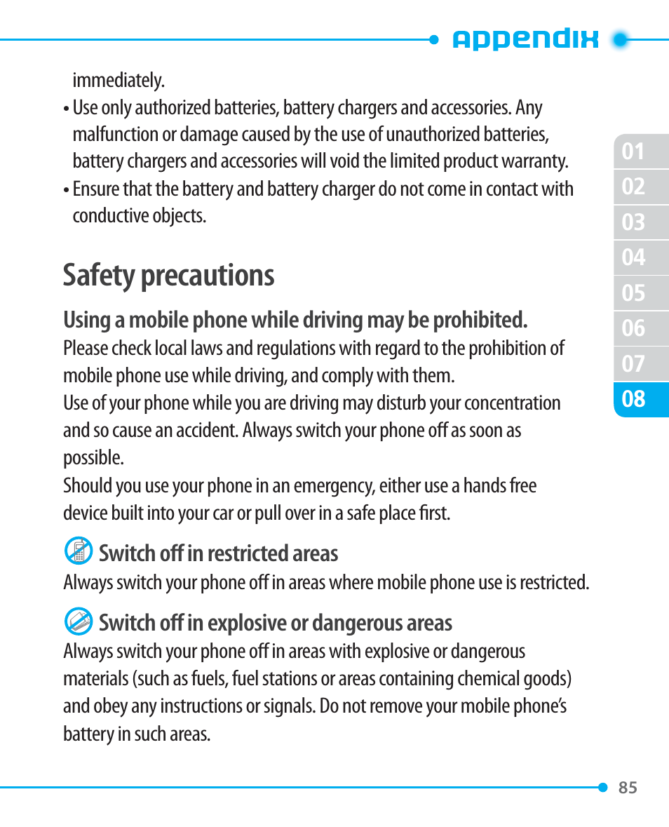 Safety precautions | Pantech P1000 User Manual | Page 86 / 97