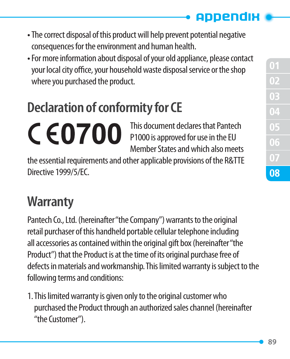 Declaration of conformity for ce, Warranty | Pantech P1000 User Manual | Page 90 / 97