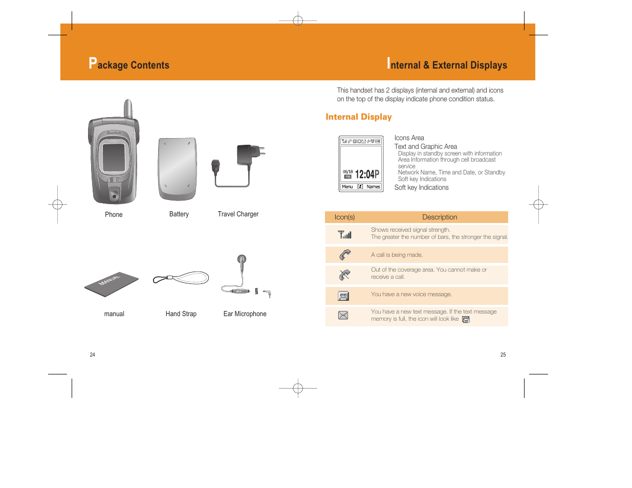 Nternal & external displays, Ackage contents | Pantech GF200 User Manual | Page 13 / 76