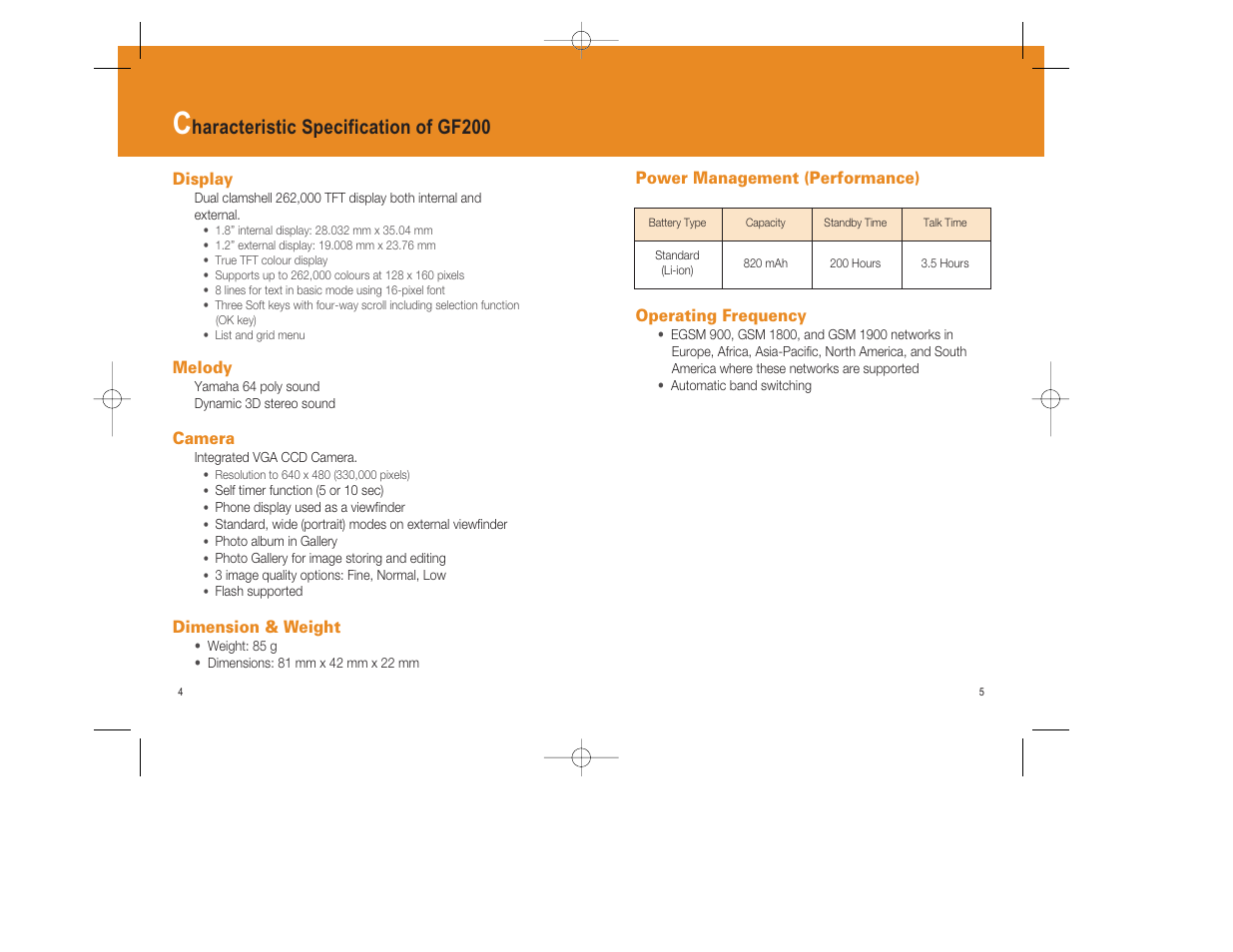 Haracteristic specification of gf200 | Pantech GF200 User Manual | Page 3 / 76