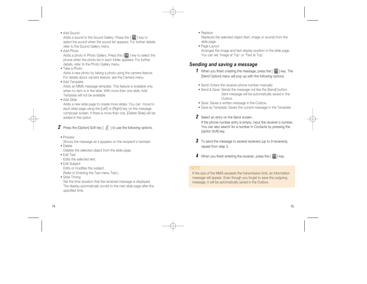 Sending and saving a message 1 | Pantech GF200 User Manual | Page 38 / 76