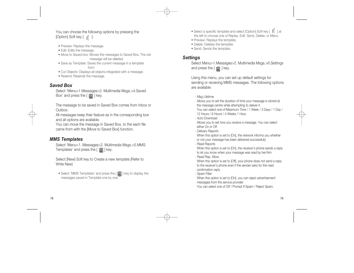 Settings, Saved box, Mms templates | Pantech GF200 User Manual | Page 40 / 76