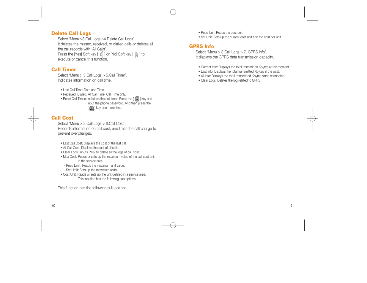 Gprs info, Delete call logs, Call timer | Call cost | Pantech GF200 User Manual | Page 46 / 76