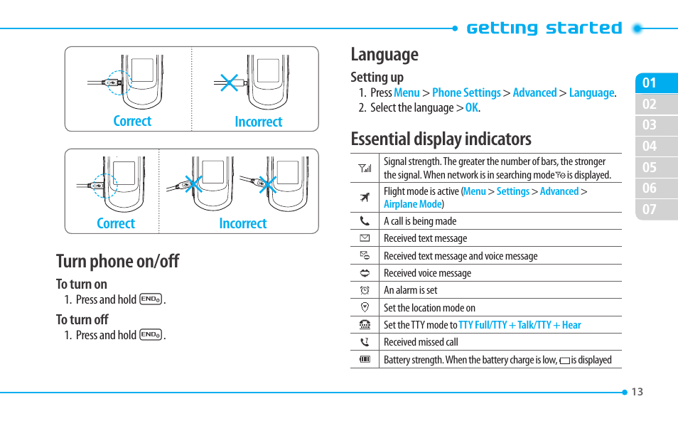 Turn phone on/off, Language, Essential display indicators | Pantech CDM8635 User Manual | Page 13 / 67