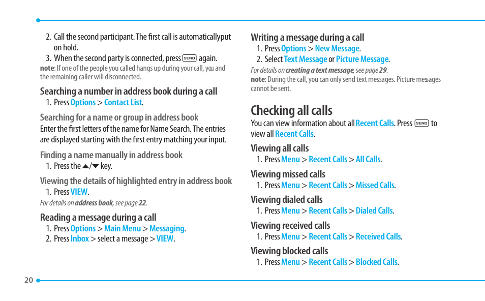 Checking all calls | Pantech CDM8635 User Manual | Page 20 / 67