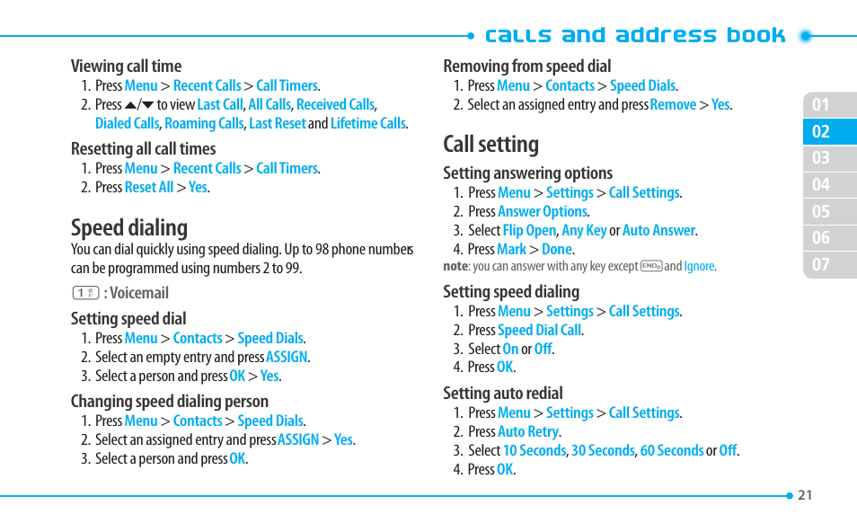 Speed dialing, Call setting | Pantech CDM8635 User Manual | Page 21 / 67
