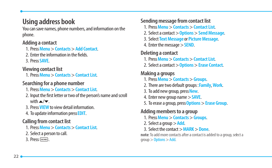 Using address book | Pantech CDM8635 User Manual | Page 22 / 67