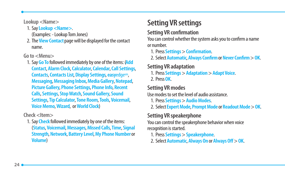 Setting vr settings | Pantech CDM8635 User Manual | Page 24 / 67