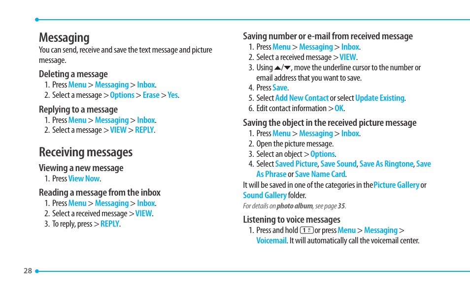 Messaging, Receiving messages | Pantech CDM8635 User Manual | Page 28 / 67