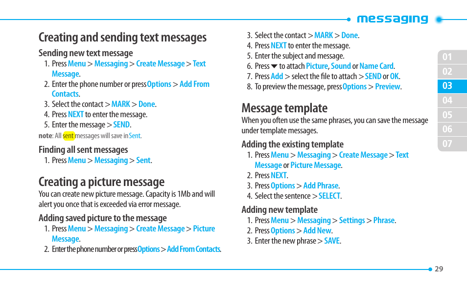 Creating and sending text messages, Creating a picture message, Message template | Pantech CDM8635 User Manual | Page 29 / 67