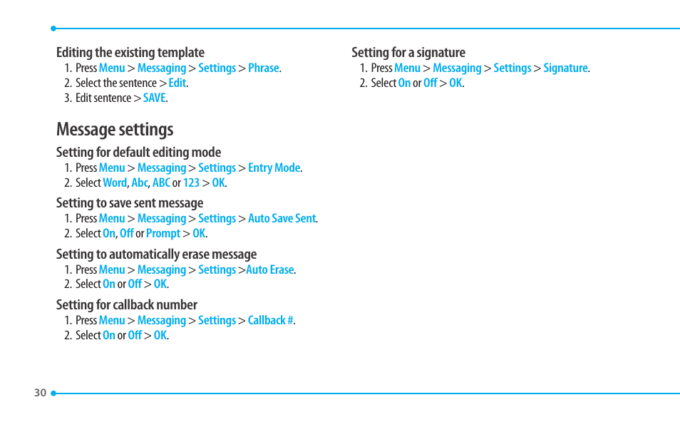 Message settings | Pantech CDM8635 User Manual | Page 30 / 67