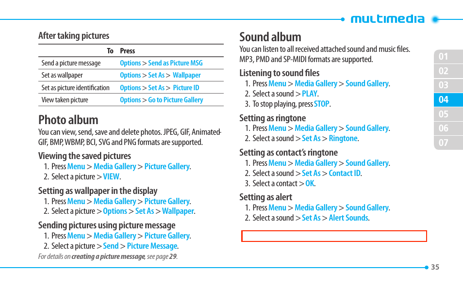 Photo album, Sound album | Pantech CDM8635 User Manual | Page 35 / 67