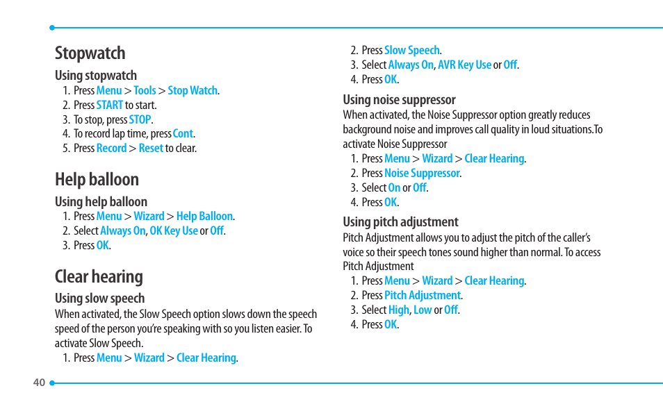 Stopwatch, Help balloon, Clear hearing | Pantech CDM8635 User Manual | Page 40 / 67