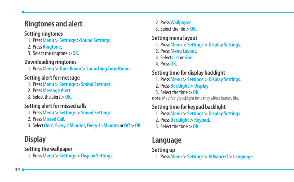 Ringtones and alert, Display, Language | Pantech CDM8635 User Manual | Page 44 / 67