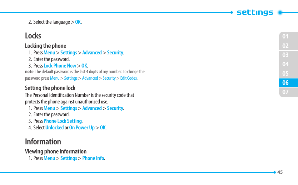 Locks, Information | Pantech CDM8635 User Manual | Page 45 / 67