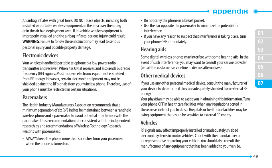 Electronic devices, Pacemakers, Hearing aids | Other medical devices, Vehicles | Pantech CDM8635 User Manual | Page 49 / 67