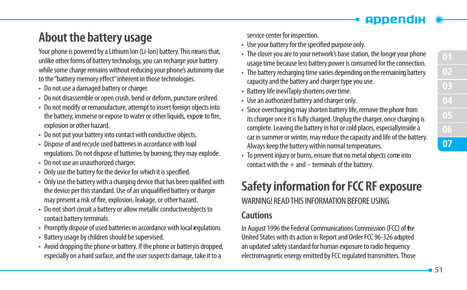 About the battery usage, Safety information for fcc rf exposure | Pantech CDM8635 User Manual | Page 51 / 67