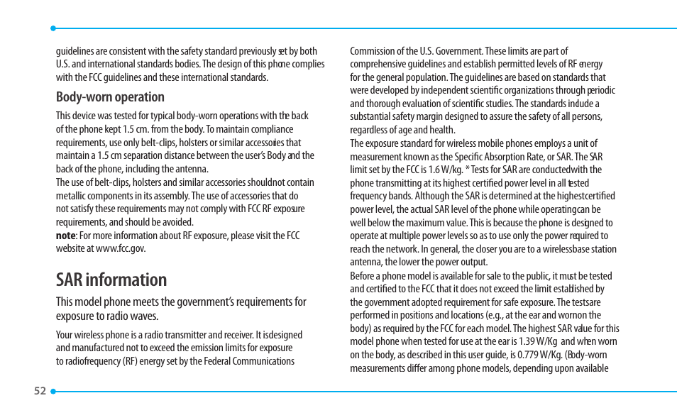 Sar information, Body-worn operation | Pantech CDM8635 User Manual | Page 52 / 67