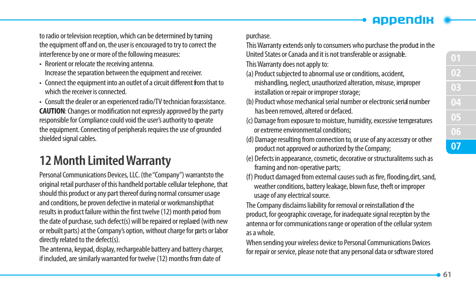 12 month limited warranty | Pantech CDM8635 User Manual | Page 61 / 67