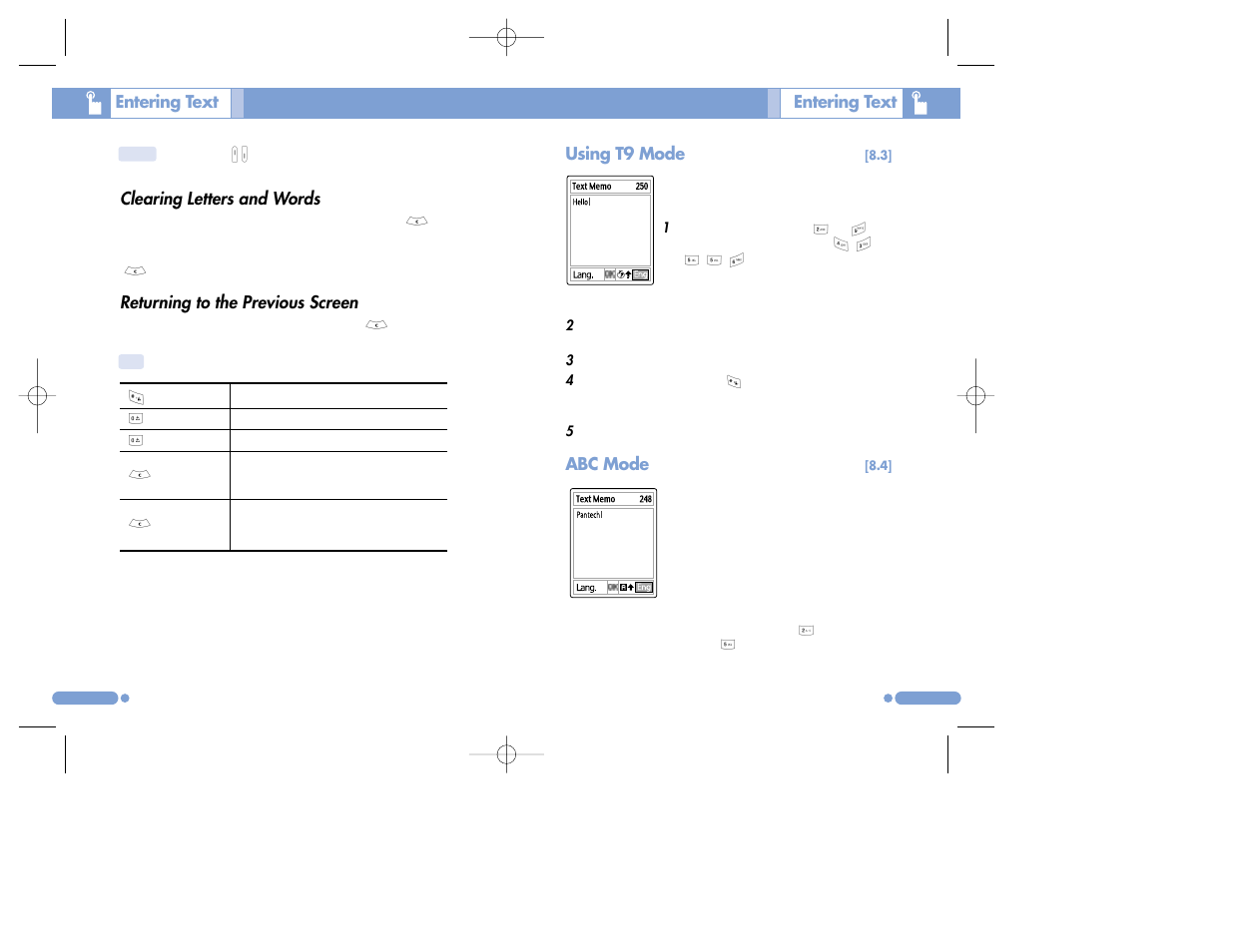 Clearing letters and words, Returning to the previous screen, Entering text | Using t9 mode, Abc mode | Pantech PG-3500 User Manual | Page 30 / 78