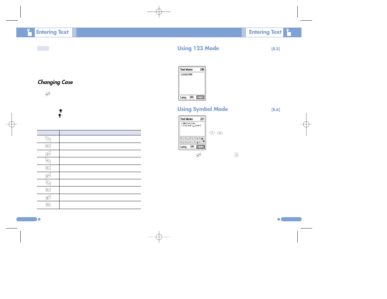 Changing case, Entering text, Using 123 mode | Using symbol mode | Pantech PG-3500 User Manual | Page 31 / 78