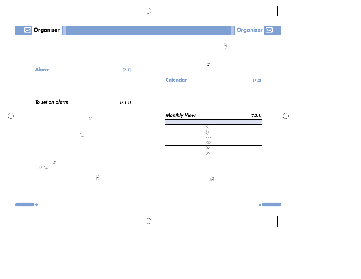 Organiser, Calendar, Monthly view | Alarm | Pantech PG-3500 User Manual | Page 60 / 78
