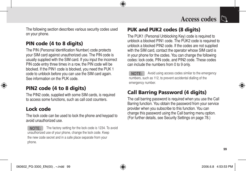 Access codes, Pin code (4 to 8 digits), Pin2 code (4 to 8 digits) | Lock code, Puk and puk2 codes (8 digits), Call barring password (4 digits) | Pantech PG-3300 User Manual | Page 100 / 105