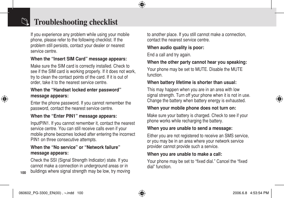 Troubleshooting checklist | Pantech PG-3300 User Manual | Page 101 / 105
