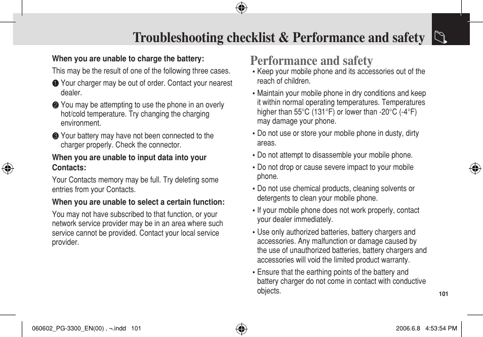Troubleshooting checklist & performance and safety, Performance and safety | Pantech PG-3300 User Manual | Page 102 / 105