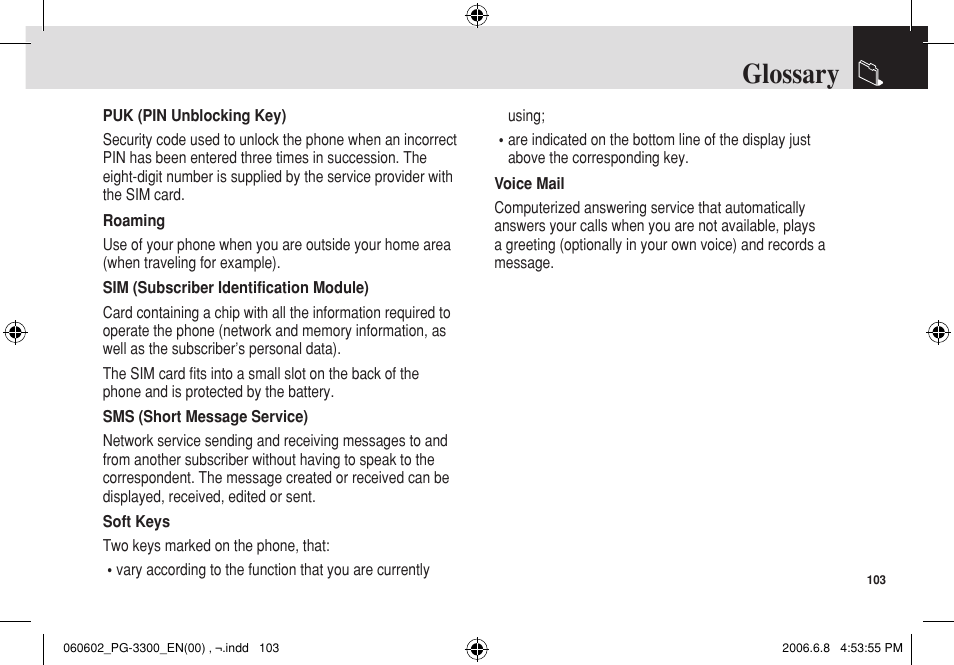 Glossary | Pantech PG-3300 User Manual | Page 104 / 105