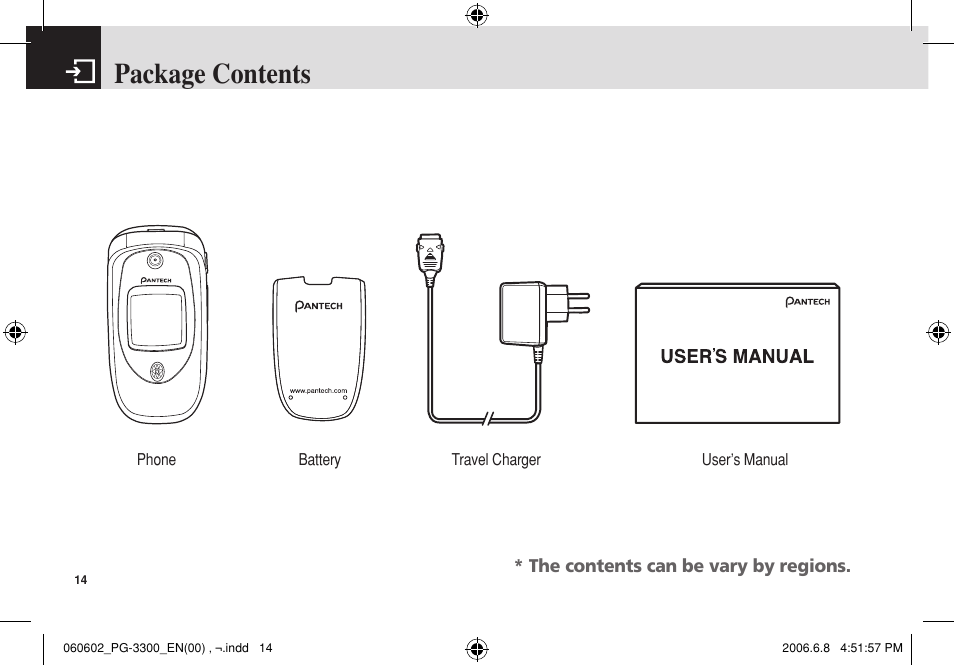 Package contents | Pantech PG-3300 User Manual | Page 15 / 105