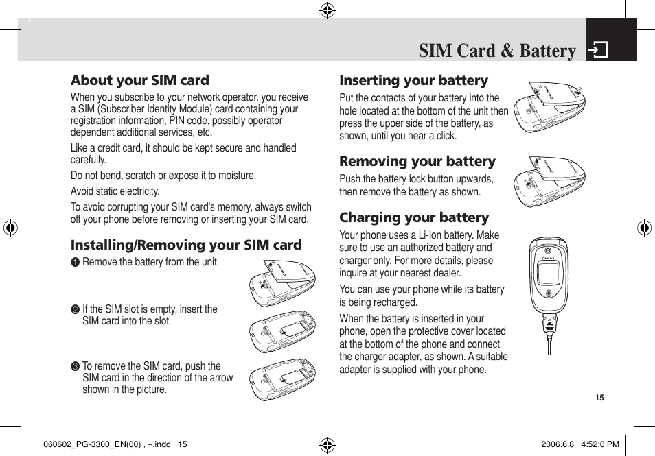 Sim card & battery, About your sim card, Installing/removing your sim card | Inserting your battery, Removing your battery, Charging your battery | Pantech PG-3300 User Manual | Page 16 / 105